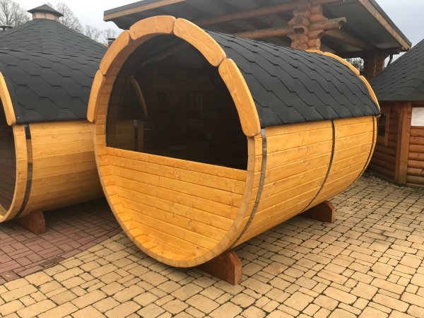 SFF19251 Ø1,9m, L2,5 m, Saunafass mit Halb-Panoramawand, 58mm Wandstärke ohne Saunaofen für 4-6 Personen außen unbehandelt