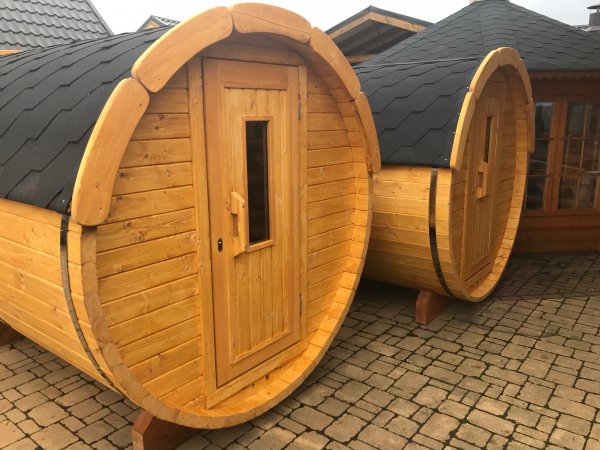 SFF19251 Ø1,9m, L2,5 m, Saunafass mit Halb-Panoramawand, 58mm Wandstärke ohne Saunaofen für 4-6 Personen außen unbehandelt