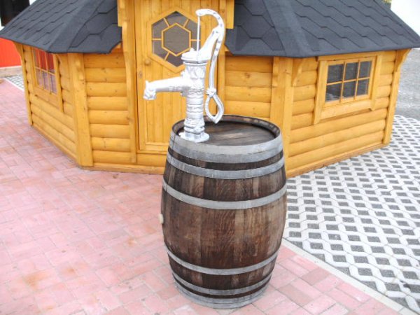 225L Weinfass-Regentonne+Schwengelpumpe-Silber Eichenfass