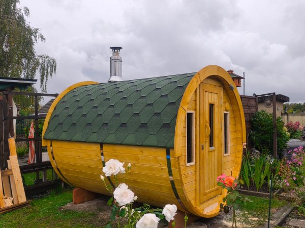 GFF19251 Ø 1,9 m, L 2,5 m, Fasssauna Saunafass Gartenfass, Fichte mit / ohne Terrasse für 4 Personen ohne Ofen