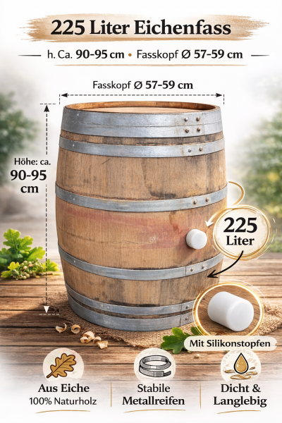 225 Liter gebrauchtes Barriquefass Eichenfass Weinfass Holzfass Wasserfass Dekofass
