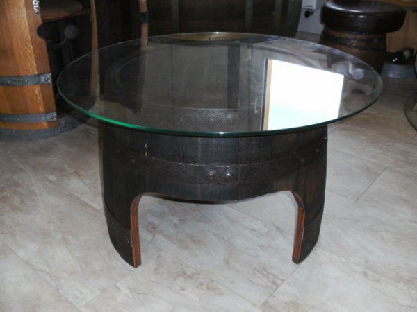 Fasstisch-REGENT-W mit Glas-Tischplatte mit 80cm Durchmesser, Höhe 40cm.