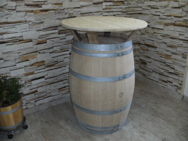 225L Fasstisch - KONFIGURATOR - mit Tischplatte D.80-120cm, Gesamthöhe 97 bis 115cm