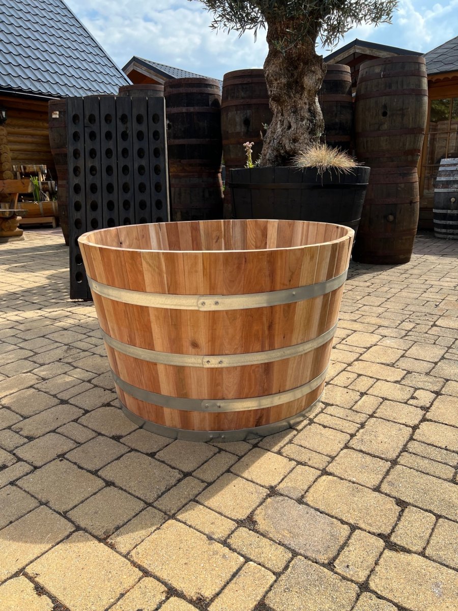 BKA100 ca. 400 Liter Blumenkbel aus neuem Akazienholz Olivenbaum  Saunatauchbecken Tauchfass Fass Pflanzfass Holzfass Palmenfass Pflanzkbel  - Weinfassversand