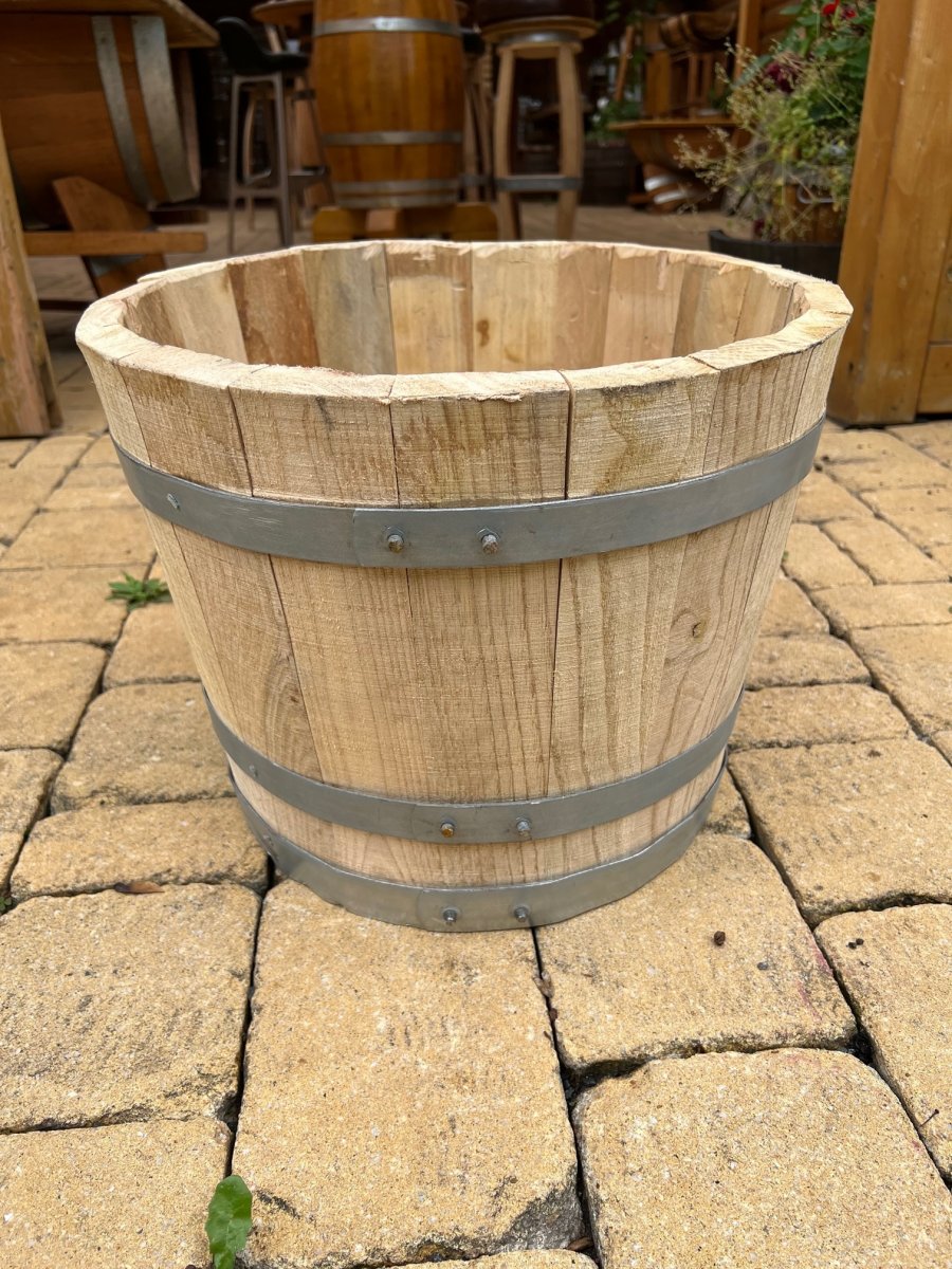 BKK40 ca. 25 Liter Blumenkbel aus neuem Kastanienholz Olivenbaum Fass  Pflanzfass Holzfass Kastanienfass Pflanzkbel - Weinfassversand