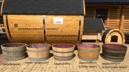 100 Liter rustikaler Pflanzkübel / Miniteich / Mini-Tisch mit Weincharakter aus gebrauchtem Barrique-Eichenfass - Halbfass mit D.69cm,H.40cm Fasshälfte