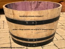 115 Liter Eichenfasshälfte D.72cm,H.45cm Blumenkübel mit schwarzen Ringen Weinfass Pflanfkübel Eichenfass Holzfass Miniteich