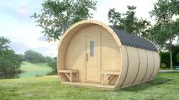 SCHLAFFASS ICE-VIKING Ø 2,95x2,51 m, L 4,8 m, Garten / Camping Maxi-Schlaffass, Fichte mit Terrasse für 2+2 Personen