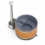 Comfort Steady M mit 29KW MACU Außenofen Neues rundes Badefass mit Kunststoffeinsatz und Außenverkleidung nach Wunsch für 4-6 Personen