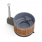 Comfort HAZY M mit 22KW CULT-SI Außenofen Neues rundes Badefass mit Kunststoffeinsatz und Außenverkleidung Fichte in braun Lasiert für 4-6 Personen