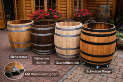 Neues halbes Kastanien Fass 15 L / 30 L / 50 L / 100 Liter - KONFIGURATOR - Weinfass Holzfass halbiert Miniteich Pflanzkübel