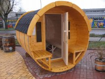 GFF19251 Ø 1,9 m, L 2,5 m, Fasssauna Saunafass Gartenfass, Fichte mit / ohne Terrasse für 4 Personen ohne Ofen