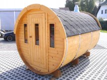 SFF19351 Ø 1,9 m, L 3,5 m, Saunafass, Fichte nach Wunsch mit und ohne Vorraum und Terrasse für 6 Personen